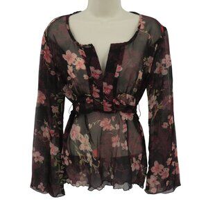 Wet Seal Juniors Medium Y2K Sheer Cherry Blossom Black Long Sleeve Blouse Shirt